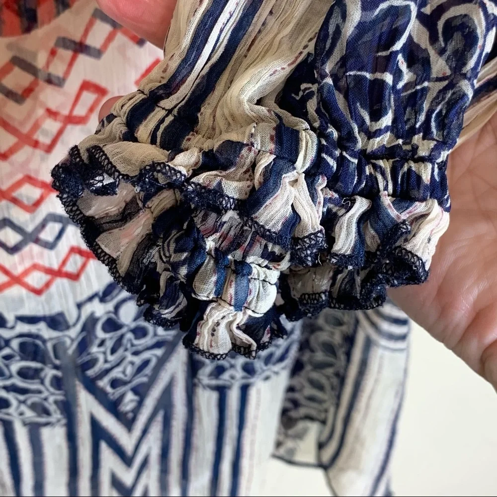 Lucky Brand Red Blue Printed Boho Bohemian Peasant Top Blouse Sheer Tunic Shirt‎